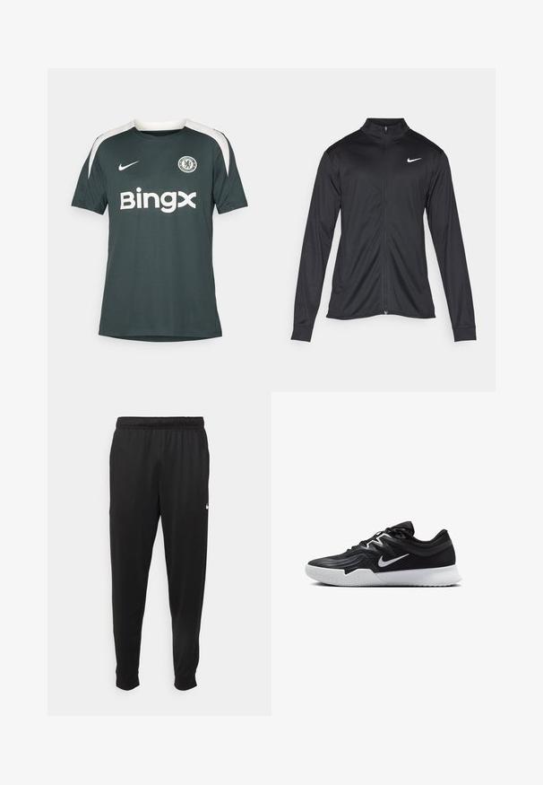 Must värvi sportlik jakk pikkade varrukatega, krae ja täispikk tõmblukk. Ülemises vasakus rinnas on diskreetne valge Nike logo. Sile tekstuur.; Tumed roheline jalgpallisärk, mis on valmistatud hingavast materjalist, millel on valged aktsendid õlgadel, ringikujuline Chelsea logo ja valge "Bingx" logo.; Mustad mustekad athletic-püksid sujuvast kangast, elastse vöökoha, kitsenevate jalgade ja väikese valge logoga vasakul küljel.; Must mustad jalanikesad rikaste ülaservaga, valge Nike swoosh'i ja valge kummist välispõhjaga. Omab paeltega sulgemisdetaili ja dünaamilist kuju.