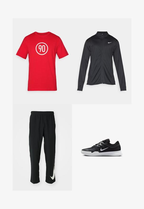 Black athletic jacket with long sleeves, collar, and full zipper. Features a subtle Nike logo in white on the upper left chest. Smooth texture.; Red cotton t-shirt featuring a white circular graphic with the number "90" in the center. Classic crew neckline and short sleeves.; Black athletic pants with elastic waistband, tapering design, featuring a large white Nike logo on the left leg. Soft, lightweight fabric.; Black athletic shoe with a textured upper, white Nike swoosh, and a white rubber outsole. Features a lace-up design and dynamic shape.