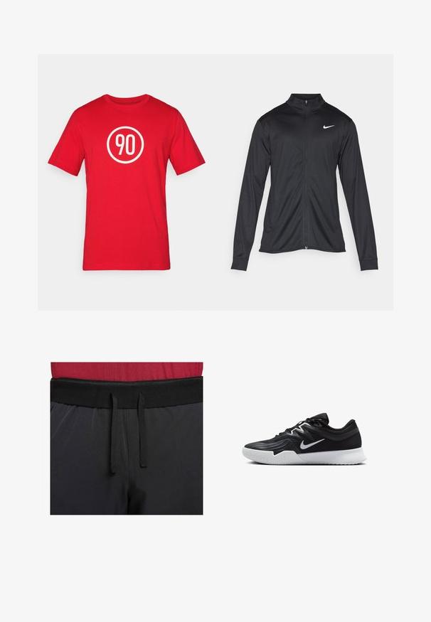 Fekete sportdzseki hosszú ujjal, gallérral és teljes cipzárral. Diszkrét fehér Nike logóval az upper bal mellen. Sima textúra.; Piros pamut póló fehér kör alakú grafikával, amelynek közepén a "90" szám áll. Klasszikus crew nyakkivágás, rövid ujjakkal.; Fekete sportnadrág széles derékrésszel rendelkezik, külső zsinórral. Az anyaga sima, enyhén fényes, és nincs rajta látható minta.; Fekete sportcipő texturált felsőrésszel, fehér Nike logóval és fehér gumitalppal. Fűzős kialakítással és dinamikus formával rendelkezik.