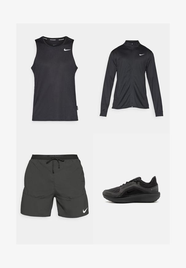 Jacket desportivo preto com mangas longas, colarinho e fecho zip completo. Apresenta um discreto logotipo da Nike em branco na parte superior do lado esquerdo do peito. Textura suave.; Top atlético sem mangas preto, feito de material liso, com um padrão texturizado e um pequeno logotipo branco da Nike no peito.; Calções de corrida pretos com cintura elástica, cordão, bolsos laterais e um logo branco da Nike na parte inferior da perna esquerda.; Shoe atlético preto com um superior acolchoado texturizado, design elegante e sola de borracha preta. Apresenta um logótipo visível e marca Gore-Tex.