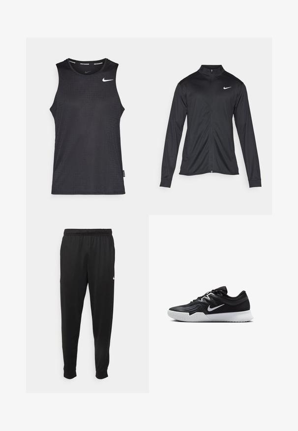 Must värvi sportlik jakk pikkade varrukatega, krae ja täispikk tõmblukk. Ülemises vasakus rinnas on diskreetne valge Nike logo. Sile tekstuur.; Mustamat varrukateta sportlik tank top sileda materjaliga, millel on struktuurne mustr ja väike valge Nike logo rinnal.; Mustad mustekad athletic-püksid sujuvast kangast, elastse vöökoha, kitsenevate jalgade ja väikese valge logoga vasakul küljel.; Must mustad jalanikesad rikaste ülaservaga, valge Nike swoosh'i ja valge kummist välispõhjaga. Omab paeltega sulgemisdetaili ja dünaamilist kuju.