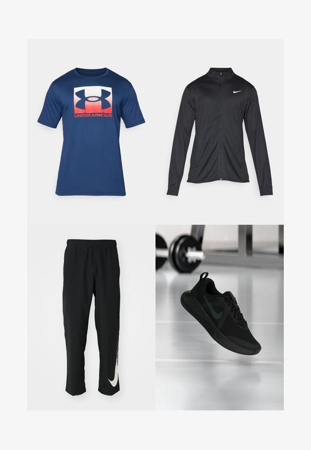 Svart idrettsjakke med lange ermer, krage og full glidelås. Har en subtil Nike-logo i hvitt på øvre venstre bryst. Glatt tekstur.; Mørkeblå kortermet t-skjorte laget av mykt stoff, med et stort hvitt og rødt Under Armour-logo på forsiden.; Svarte treningbukser med elastisk midje, smalere design, med en stor hvit Nike-logo på venstre bein. Myk, lett stoff.; Svart sportsko med teksturert mesh-overdel, gummisåle og en markant mørk swoosh-logo. Har polstret krage og snøresystem.