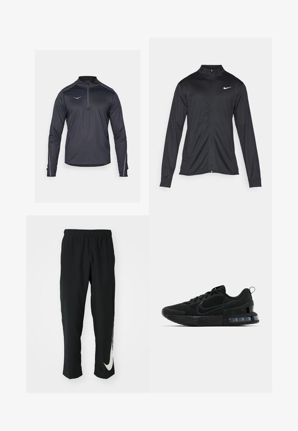 Fekete sportdzseki hosszú ujjal, gallérral és teljes cipzárral. Diszkrét fehér Nike logóval az upper bal mellen. Sima textúra.; Fekete, hosszú ujjú, negyedcipzáros felső magas gallérral, fényvisszaverő részletekkel és sima, könnyű anyaggal.; Fekete sportnadrág rugalmas derékpánttal, szűkített kialakítással, az előtérben egy nagy fehér Nike logóval a bal lábon. Puha, könnyű anyag.; Fekete Nike sportcipő, hálós felsőrésszel, texturált talppal és a saroknál látható levegőpárnával. A részletek és a logó sötétebb fekete árnyalatban.