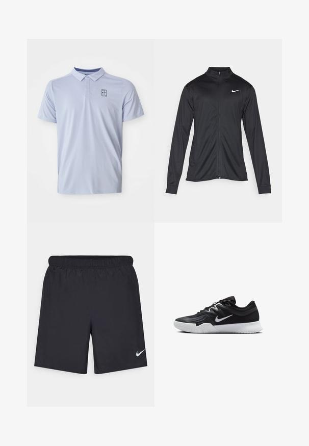Must värvi sportlik jakk pikkade varrukatega, krae ja täispikk tõmblukk. Ülemises vasakus rinnas on diskreetne valge Nike logo. Sile tekstuur.; Heledsinine polo särk, millel on krae, lühikesed varrukad ja õrn tekstuuriline muster. Ülemisel vasakul küljel on väike tume logo.; Mustad mustikud lühikesed püksid, mis on valmistatud kergest materjalist ja millel on elastne vöökoht. Alumisel vasakul küljel on väike valge Nike logo.; Must mustad jalanikesad rikaste ülaservaga, valge Nike swoosh'i ja valge kummist välispõhjaga. Omab paeltega sulgemisdetaili ja dünaamilist kuju.
