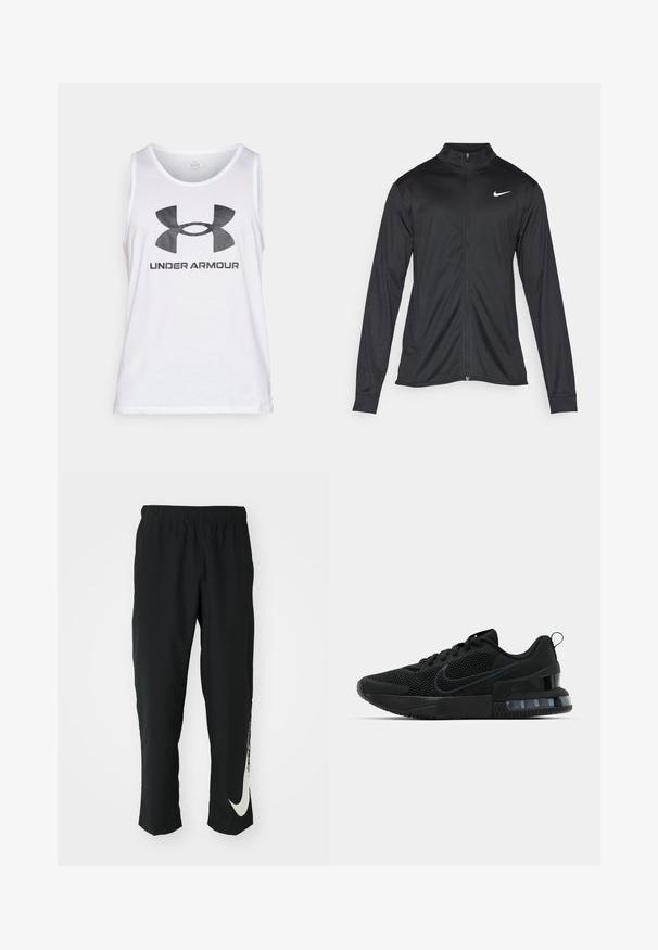 Svart idrottsjacka med långa ärmar, krage och full dragkedja. Har en diskret Nike-logga i vitt på övre vänstra bröstet. Slät yta.; Vit ärmlös linne av bomull, med en stor svart Under Armour-logotyp över bröstet. Slät textur, avslappnad passform.; Svarta träningsbyxor med elastisk midja, avsmalnande design, med en stor vit Nike-logotyp på vänster ben. Mjuk, lättviktig tyg.; Svarta Nike-sneakers med ovandel i mesh, texturerad sula och synlig luftenhet i hälen. Accenter och logotyp i en mörkare svart nyans.