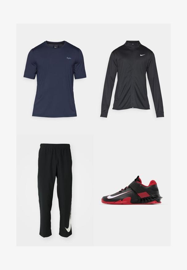 Musta urheilutakki pitkillä hihoilla, kauluksella ja kokonaisella vetoketjulla. Täydentää hienovarainen Nike-logo valkoisena vasemmassa ylärinnassa. Litteä pinta.; Navy blue lyhythihainen urheilupaita venyvää kangasta, jossa on pyöreä pääntie ja brodeerattu logo vasemmassa rinnassa. Sileä kangas.; Mustat urheiluhousut, joissa on joustava vyötärö, kapeneva muotoilu ja suuri valkoinen Nike-logo vasemmassa lahkeessa. Pehmeä, kevyt kangas.; Mustat ja punaiset urheilukengät, joissa on tyylikäs muotoilu, teksturoitu verkkopäällinen, kestävä kumipohja ja näkyvä valkoinen logoväri.