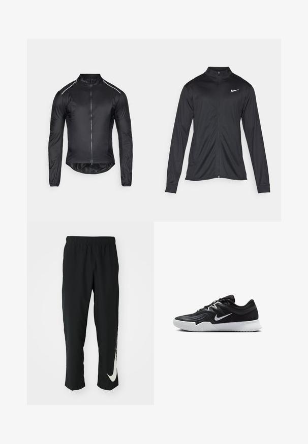 Melna sporta jaka ar garām piedurknēm, apkakli un pilnu rāvējslēdzēju. Uz kreisā krūts augšdaļas ir maigs Nike logo baltā krāsā. Gluda tekstūra.; Melnā riteņbraukšanas jaka, izgatavota no viegla un gluda auduma. Ar garām piedurknēm, augstu apkakli un pilnu priekšējo rāvējslēdzēju, ar atstarojošām akcentiem.; Melni sporta bikses ar elastīgu jostasvīru, ar sašaurinātu dizainu, kurām uz kreisā kājas gabala ir liels balts Nike logo. Mīksts, viegls audums.; Melni sporta apavi ar teksturētu virsu, balto Nike zulumu un balto gumijas zoli. Iezīmējas ar auklu pievilkšanas dizainu un dinamisku formu.