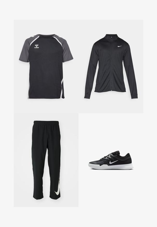 Jacket desportivo preto com mangas longas, colarinho e fecho zip completo. Apresenta um discreto logotipo da Nike em branco na parte superior do lado esquerdo do peito. Textura suave.; Camisola desportiva preta com painéis de destaque cinzentos, mangas curtas, decote redondo, detalhes brancos nos ombros e um logótipo impresso no peito.; Calças atléticas pretas com cintura elástica, design afunilado, apresentando um grande logótipo branco da Nike na perna esquerda. Tecido macio e leve.; Sapatilha atlética preta com um cabedal texturizado, swoosh branco da Nike e uma sola de borracha branca. Apresenta um design com atacadores e uma forma dinâmica.