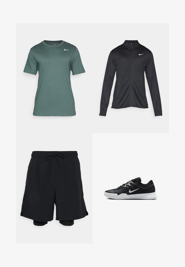 Jacket desportivo preto com mangas longas, colarinho e fecho zip completo. Apresenta um discreto logotipo da Nike em branco na parte superior do lado esquerdo do peito. Textura suave.; Nike Performance TEE CREW SOLID - T-shirt desportiva - vintage green; Calções atléticos pretos feitos de tecido leve, com uma cintura elástica e cordão, e um short interior ajustado.; Sapatilha atlética preta com um cabedal texturizado, swoosh branco da Nike e uma sola de borracha branca. Apresenta um design com atacadores e uma forma dinâmica.