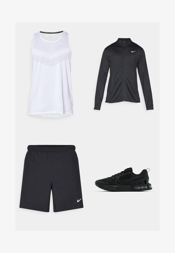 Veste de sport noire à manches longues, avec col et fermeture éclair intégrale. Présente un logo Nike subtil en blanc sur le côté supérieur gauche de la poitrine. Texture lisse.; Débardeur de sport blanc avec un col rond, présentant un motif texturé sur la poitrine et un matériau respirant. Design sans manches.; Shorts de sport noirs en matériau léger avec une taille élastique. Présente un petit logo Nike blanc sur le bas du côté gauche.; Baskets de sport Nike noires avec dessus en maille, semelle en caoutchouc, col rembourré et un accent distinctif au talon transparent.