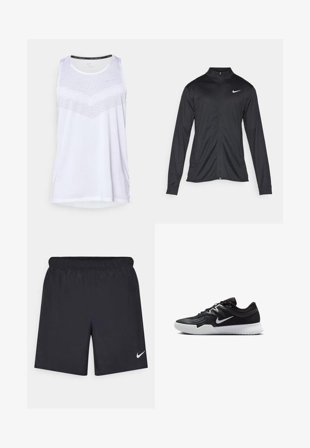 Must värvi sportlik jakk pikkade varrukatega, krae ja täispikk tõmblukk. Ülemises vasakus rinnas on diskreetne valge Nike logo. Sile tekstuur.; Valge sportlik tank top ümmarguse kaelusega, millel on tekstuurne muster rinnal ja hingav materjal. Varvutükkide disain.; Mustad mustikud lühikesed püksid, mis on valmistatud kergest materjalist ja millel on elastne vöökoht. Alumisel vasakul küljel on väike valge Nike logo.; Must mustad jalanikesad rikaste ülaservaga, valge Nike swoosh'i ja valge kummist välispõhjaga. Omab paeltega sulgemisdetaili ja dünaamilist kuju.