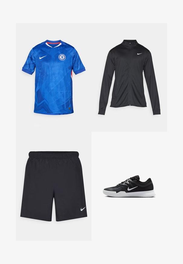 Giacca sportiva nera con maniche lunghe, colletto e zip completa. Presenta un logo Nike in bianco sulla parte superiore del lato sinistro del petto. Tessuto morbido.; Maglia da calcio Nike blu con motivo geometrico, maniche corte, scollatura a V e distintivo del Chelsea FC sul lato sinistro del petto; presenta dettagli rossi.; Shorts sportivi neri realizzati in materiale leggero con vita elastica. Presentano un piccolo logo Nike bianco sul lato sinistro in basso.; Scarpa sportiva nera con tomaia testurizzata, logo Nike swoosh bianco e suola in gomma bianca. Presenta un design con lacci e una forma dinamica.