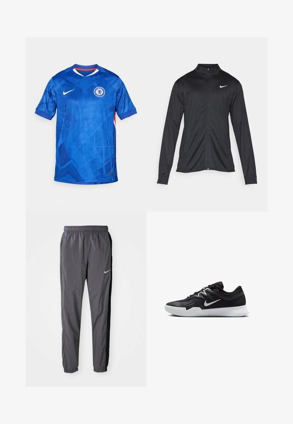 Giacca sportiva nera con maniche lunghe, colletto e zip completa. Presenta un logo Nike in bianco sulla parte superiore del lato sinistro del petto. Tessuto morbido.; Maglia da calcio Nike blu con motivo geometrico, maniche corte, scollatura a V e distintivo del Chelsea FC sul lato sinistro del petto; presenta dettagli rossi.; Pantaloni da corsa Nike, realizzati in un tessuto leggero, di colore grigio scuro con pannelli laterali neri. Presentano una cintura elastica e un logo riflettente.; Scarpa sportiva nera con tomaia testurizzata, logo Nike swoosh bianco e suola in gomma bianca. Presenta un design con lacci e una forma dinamica.