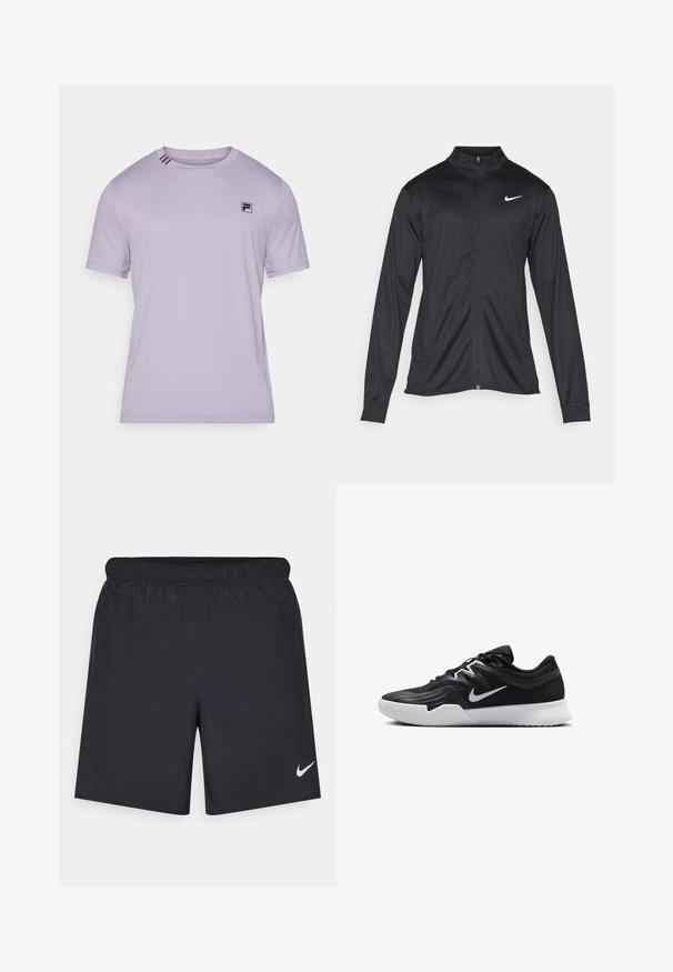 Melna sporta jaka ar garām piedurknēm, apkakli un pilnu rāvējslēdzēju. Uz kreisā krūts augšdaļas ir maigs Nike logo baltā krāsā. Gluda tekstūra.; Gaiši purpursarkans sporta T-krekls, kas izgatavots no gludas auduma. Uz krūtīm ir melns logotips un kontrastējošas svītras pie apkakles. Īsas piedurknes.; Melnas sporta šorti, izgatavoti no viegla materiāla, ar elastīgu jostu. Uz apakšējā kreisā stūra ir neliels balts Nike logo.; Melni sporta apavi ar teksturētu virsu, balto Nike zulumu un balto gumijas zoli. Iezīmējas ar auklu pievilkšanas dizainu un dinamisku formu.