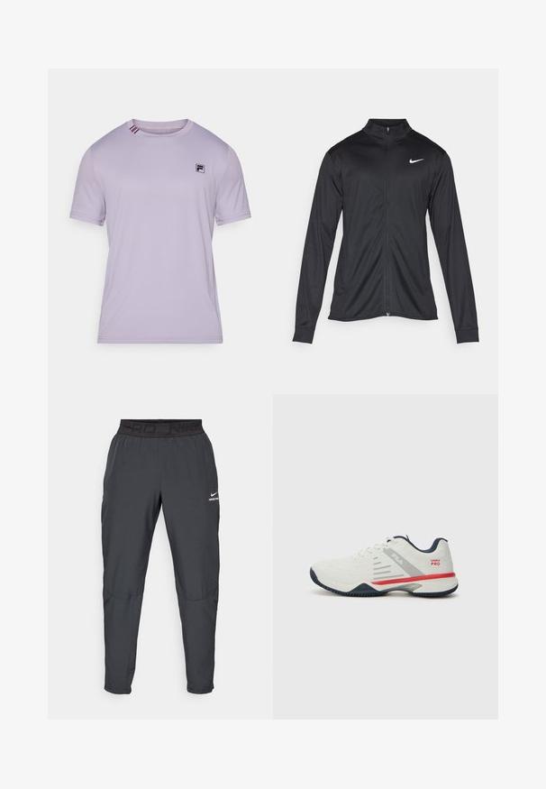 Svart idrettsjakke med lange ermer, krage og full glidelås. Har en subtil Nike-logo i hvitt på øvre venstre bryst. Glatt tekstur.; Lyse lilla trenings-t-skjorte laget av glatt stoff. Har en svart logo på brystet og kontraststriper på kragen. Korte ermer.; Nike Pro bukser i mørkegrå, med en sort elastisk talje med teksten "PRD" og "NIKE PRO", glat stof, tætsiddende design og subtile syninger.; Hvite idrettssko med grå og røde detaljer, teksturert mesh-overdel, elastisk såle og distinkt design på sidepanelet. Har snøring.