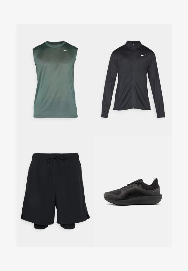 Black athletic jacket with long sleeves, collar, and full zipper. Features a subtle Nike logo in white on the upper left chest. Smooth texture.; Nike Performance TEE RESET - Top - vintage green/matte silver; Black athletic shorts made of lightweight fabric, featuring an elastic waistband with drawstring, and a fitted inner short.; Black athletic shoe with a textured quilted upper, sleek design, and black rubber sole. Features a visible logo and Gore-Tex branding.