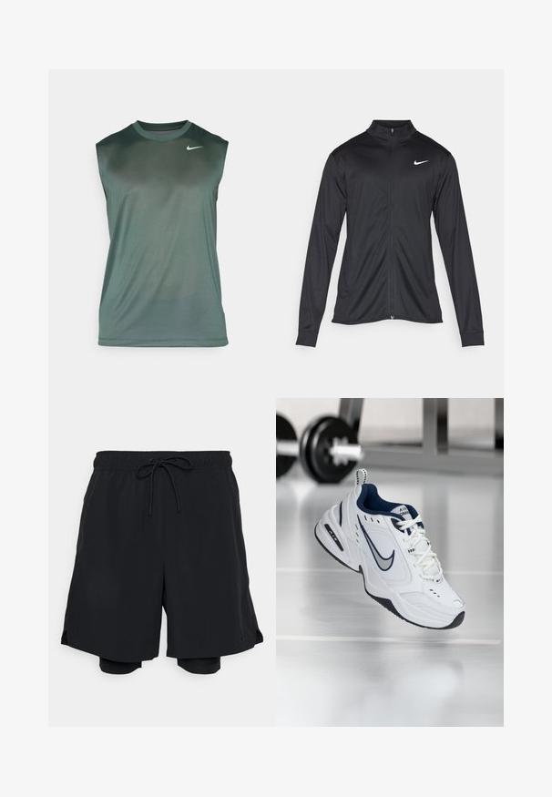 Jacket desportivo preto com mangas longas, colarinho e fecho zip completo. Apresenta um discreto logotipo da Nike em branco na parte superior do lado esquerdo do peito. Textura suave.; Nike Performance TEE RESET - Top - vintage green/matte silver; Calções atléticos pretos feitos de tecido leve, com uma cintura elástica e cordão, e um short interior ajustado.; Sapatilha atlética branca com um acabamento azul-marinho, parte superior em malha e couro, bico reforçado e sola de borracha preta. Apresenta uma marcação distinta da Nike.
