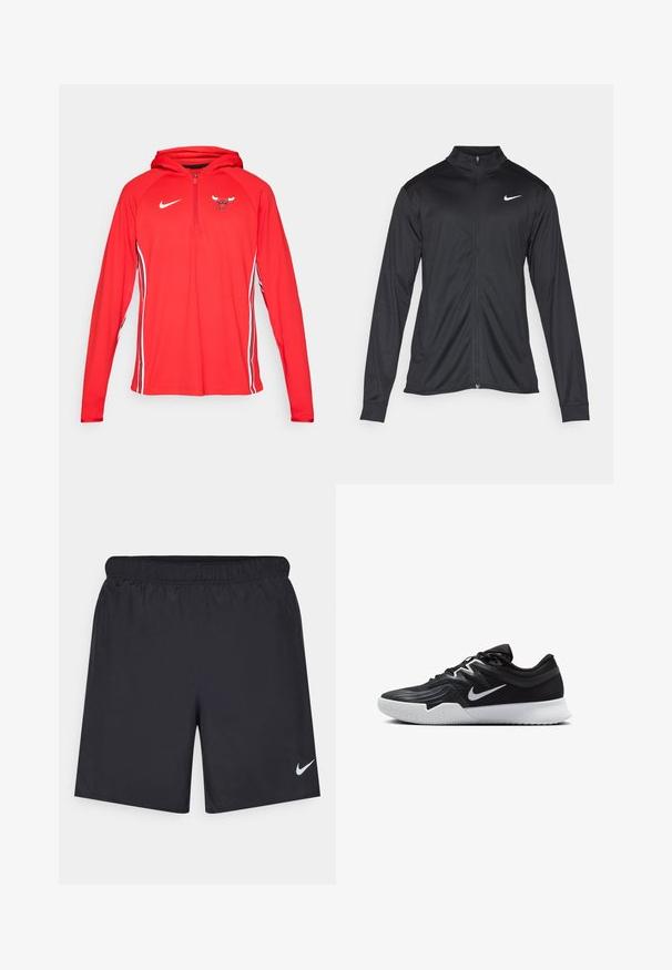 Chaqueta atlética negra con mangas largas, collar y cremallera completa. Presenta un sutil logo de Nike en blanco en la parte superior izquierda del pecho. Textura suave.; Sudadera roja de Nike con media cremallera en el frente, que presenta un logo de los Bulls en el pecho y franjas blancas a los lados de las mangas. Tela suave y ligera.; Pantalones cortos deportivos negros hechos de un material ligero con una cintura elástica. Presenta un pequeño logo blanco de Nike en la parte inferior izquierda.; Zapatilla deportiva negra con parte superior texturizada, logo de Nike en blanco y suela de goma blanca. Tiene un diseño con cordones y una forma dinámica.