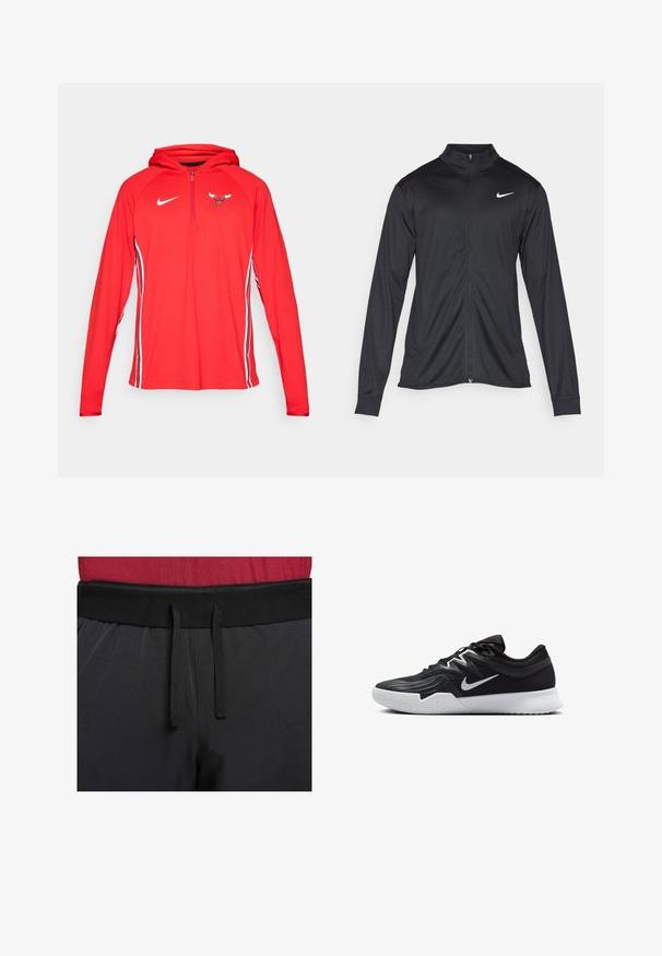 Veste de sport noire à manches longues, avec col et fermeture éclair intégrale. Présente un logo Nike subtil en blanc sur le côté supérieur gauche de la poitrine. Texture lisse.; Haut à capuche rouge Nike avec un zip devant, présentant un logo des Bulls sur la poitrine et des bandes blanches sur les côtés des manches. Tissu léger et doux.; Des pantalons de sport noirs présentent une large ceinture avec un cordon de serrage externe. Le tissu est lisse avec un léger brillant et sans motifs visibles.; Chaussure de sport noire avec une tige texturée, un swoosh blanc de Nike et une semelle extérieure en caoutchouc blanc. Elle présente un design à lacets et une forme dynamique.