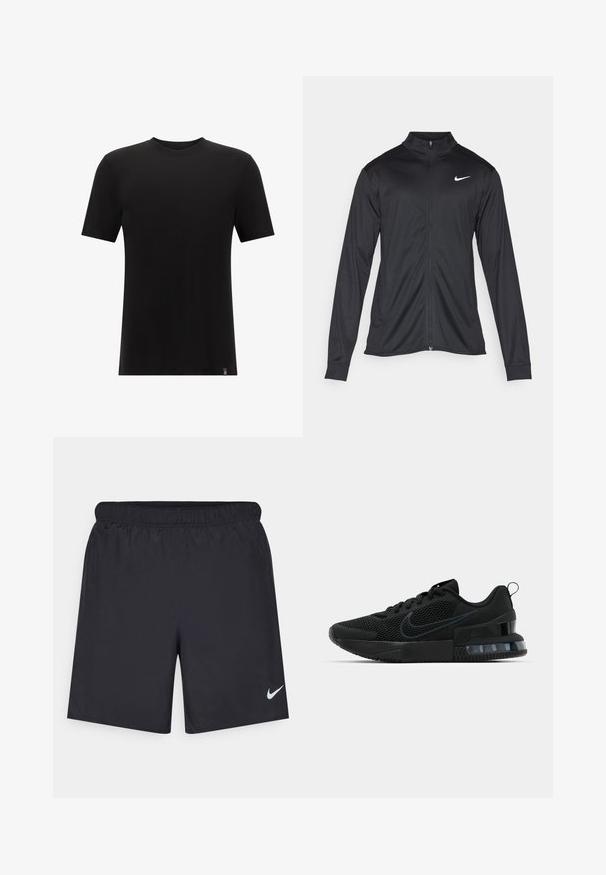 Čierna športová bunda s dlhými rukávmi, golierom a plným zipsom. Obsahuje nenápadné logo Nike v bielej farbe na hornej ľavej hrudi. Hladká textúra.; Čierne tričko s krátkym rukávom vyrobené z jemnej bavlny. Má klasický okrúhly výstrih a malú značkovú nálepku na spodnej strane.; Čierne atletické šortky z ľahkého materiálu s elastickým pásom. Na dolnej ľavej strane majú malé biele logo Nike.; Čierna atletická obuv Nike so sieťovinovým zvrškom, gumovou podrážkou, polstrovaným golierom a výrazným priehľadným akcentom na podpätku.