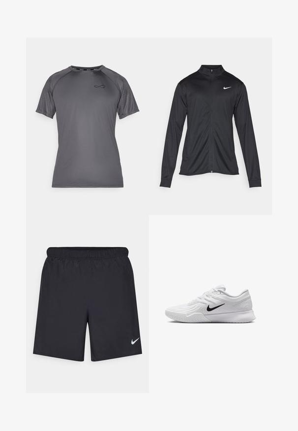 Musta urheilutakki pitkillä hihoilla, kauluksella ja kokonaisella vetoketjulla. Täydentää hienovarainen Nike-logo valkoisena vasemmassa ylärinnassa. Litteä pinta.; Endless FEISTY HEXAGON - Printtipaita - titanium; Mustat urheilushortsit, jotka on valmistettu kevyestä materiaalista ja joissa on joustava vyötärö. Alareunassa vasemmalla puolella on pieni valkoinen Nike-logo.; Valkoinen urheiluvaate, jossa on teksturoidusta verkkomateriaalista valmistettu yläosa, musta Nike-logomerkintä, pehmustettu nilkkakappale ja kumipohja, jossa on urasyntymä.