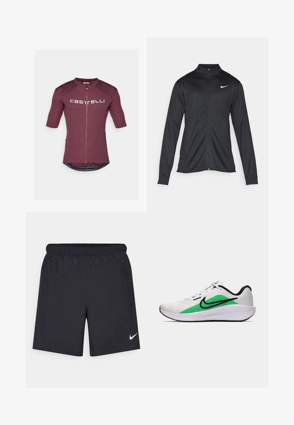 Juodas sportinis švarkas su ilgomis rankovėmis, apykakle ir pilnu užtrauktuku. Yra subtilus baltas Nike logotipas kairėje krūtinės pusėje. Lygus tekstūra.; Trumpai rankovėmis dviratininkų maikutė tamsiai burgundiškoje spalvoje su pilnu priekinio užtrauktuko uždarymu. Yra baltas logotipas ir nugaros tinklinė panelė vėdinimui.; Juodos sportinės šortai, pagaminti iš lengvos medžiagos, su elastingu juosmeniu. Ant apatinės kairės pusės yra mažas baltas Nike logotipas.; Balti sportiniai batai su žalia akcentu, juodu logotipu, tinklinė viršutinė dalis, paminkštintas padas ir suapvalintas kulnas. Yra raišteliai ir kontrastingos detalės.