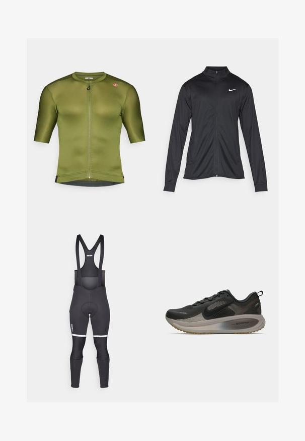 Czarna sportowa kurtka z długimi rękawami, kołnierzem i pełnym zamkiem. Posiada subtelne logo Nike w białym kolorze na lewej górnej części klatki piersiowej. Gładka tekstura.; Jersey kolarski w oliwkowym kolorze z krótkim rękawem, wysokim kołnierzem, zamkiem z przodu i subtelną fakturą prążkowaną. Posiada akcent z logo na ramieniu.; Czarne spodenki kolarskie z regulowanymi ramiączkami, z wkładką, odblaskowymi białymi detalami na udach oraz elastycznym, oddychającym materiałem.; Czarny but biegowy z siateczkowym wierzchem, odblaskowymi akcentami i amortyzacją ZoomX. Posiada teksturowaną podeszwę dla lepszej przyczepności. Smukły design.