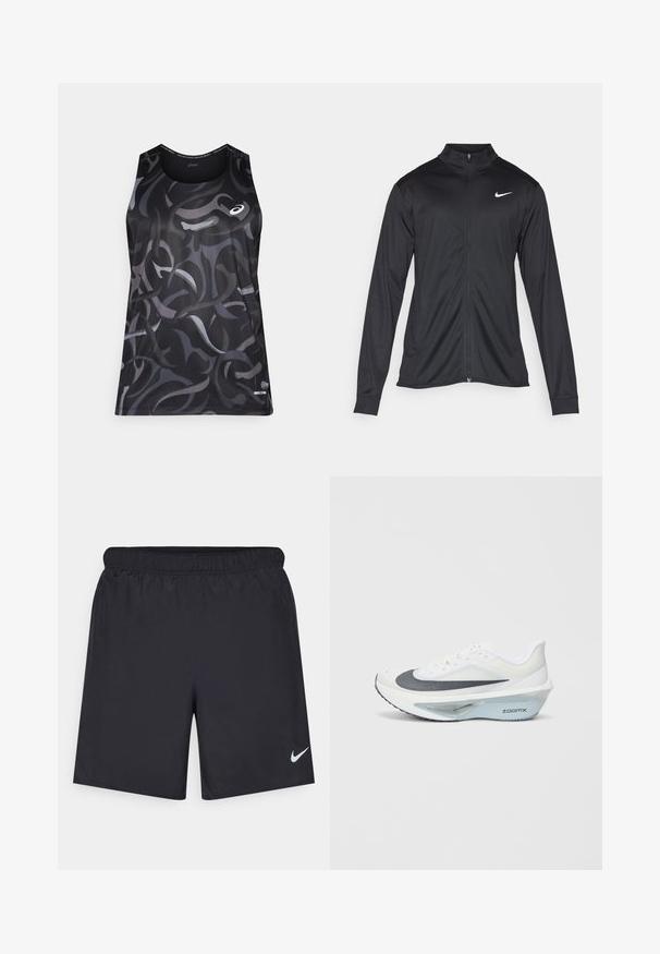 Černá sportovní bunda s dlouhými rukávy, límcem a plným zipem. Má decentní bílou logo značky Nike na horní levé části hrudi. Hladká textura.; Černý sportovní top s vířícími šedými a tmavými vzory. Má kulatý výstřih a malé logo na levé přední straně. Hladká textura.; Černé sportovní šortky vyrobené z lehkého materiálu s elastickým pasem. Na spodní levé straně mají malé bílé logo Nike.; Bílé sportovní boty s šedou síťovinou, modrou střední vrstvou z pěny ZoomX a zakřivenou podešví pro lepší pohon a pohodlí.