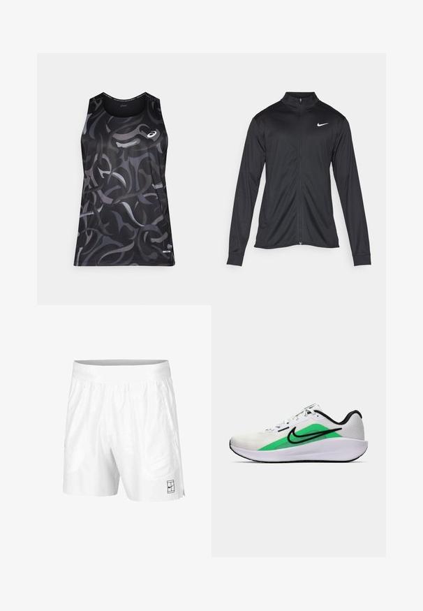 Μαύρο αθλητικό μπουφάν με μακριά μανίκια, γιακά και πλήρη φερμουάρ. Διαθέτει ένα διακριτικό λευκό λογότυπο της Nike στη πάνω αριστερή πλευρά του στήθους. Λείος υφασμάτινος χαρακτήρας.; Μαύρο αθλητικό αμάνικο με στροβιλιζόμενα γκρίζα και σκούρα σχέδια. Διαθέτει στρογγυλή λαιμόκοψη και μικρό λογότυπο στο αριστερό μπροστινό μέρος. Λείος υφή.; Λευκοί αθλητικοί σορτς από ελαφρύ ύφασμα με ελαστική μέση, διαθέτοντας δύο πλαϊνές τσέπες και ένα μικρό μαύρο λογότυπο στο στρίφωμα.; Λευκό αθλητικό παπούτσι με πράσινη λεπτομέρεια, μαύρο λογότυπο, επάνω μέρος από δίχτυ, μαλακή σόλα και στρογγυλή φτέρνα. Διαθέτει κορδόνια και αντίθετες λεπτομέρειες.