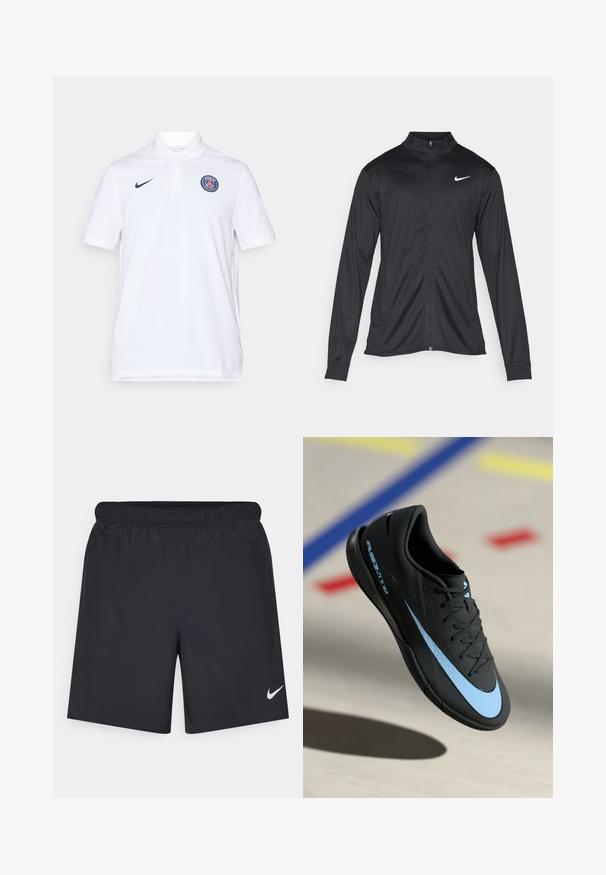 Svart idrettsjakke med lange ermer, krage og full glidelås. Har en subtil Nike-logo i hvitt på øvre venstre bryst. Glatt tekstur.; Hvit poloskjorte laget av bomull, med krage, korte ermer, marineblå Nike-logo og et rundt Paris-emblem på venstre bryst.; Svart sportskjørt laget av lett materiale med elastisk linning. Har en liten hvit Nike-logo nederst til venstre.; Svart treningstøvel med blå detaljer, teksturert overflate, snøring og særegen Nike-logo. Gummisåle med grep mønstre.