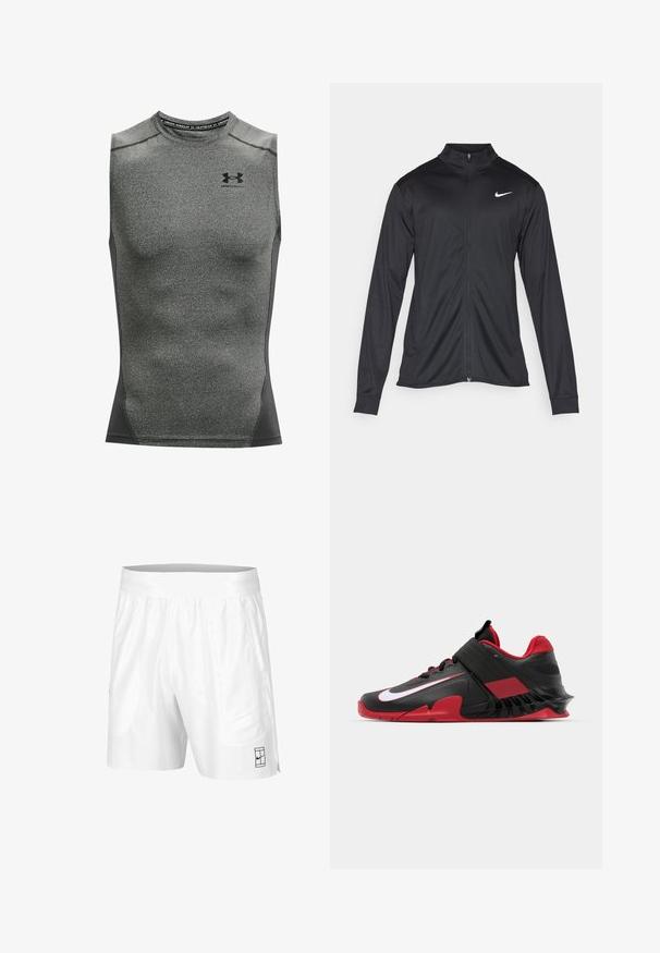Černá sportovní bunda s dlouhými rukávy, límcem a plným zipem. Má decentní bílou logo značky Nike na horní levé části hrudi. Hladká textura.; Pánský bezrukávový sportovní triko, vyrobené z tmavě šedé tkaniny, která odvádí vlhkost, má kulatý výstřih a logo Under Armour na hrudi.; Bílé sportovní šortky s elastickým pasem, dvěma bočními kapsami a malým černým logem na dolním předním dílu. Hladká textura.; Černé a červené atletické tenisky s elegantním designem, texturovaným síťovinovým svrškem, pevnou gumovou podrážkou a výrazným bílým akcentem loga.