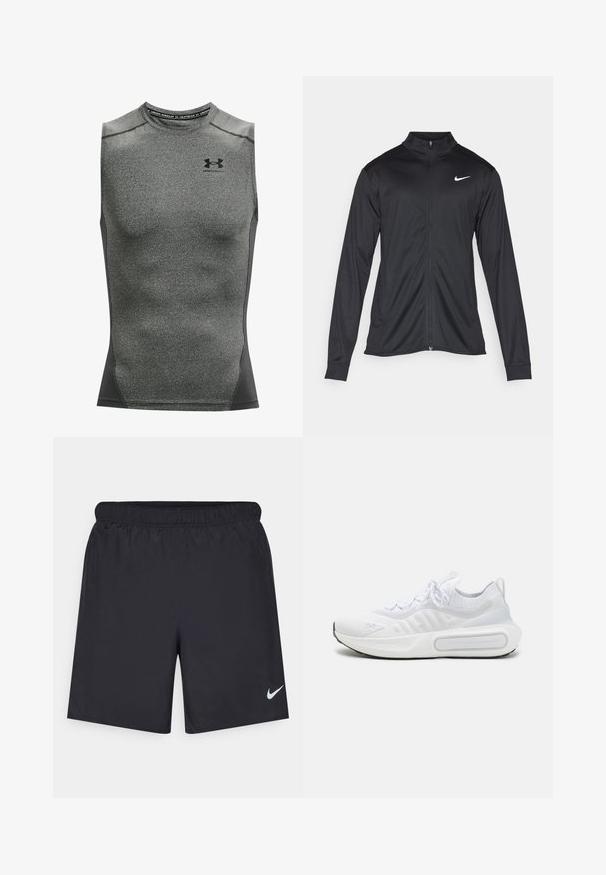 Sort atletisk jakke med lange ærmer, krave og fuld lynlås. Har et diskret Nike-logo i hvidt på den øverste venstre side af brystet. Glat tekstur.; Herre trænings tanktop uden ærmer, lavet af mørkegrå fugttransporterende stof, har en rund halsudskæring og Under Armour-logoet på brystet.; Sorte atletiske shorts lavet af letvægtsmateriale med en elastisk talje. Har et lille hvidt Nike-logo i nederste venstre hjørne.; Hvid atletiksko med et struktureret strikoverdel, snørelukning, polstret sål og et karakteristisk branddetalje på siden.