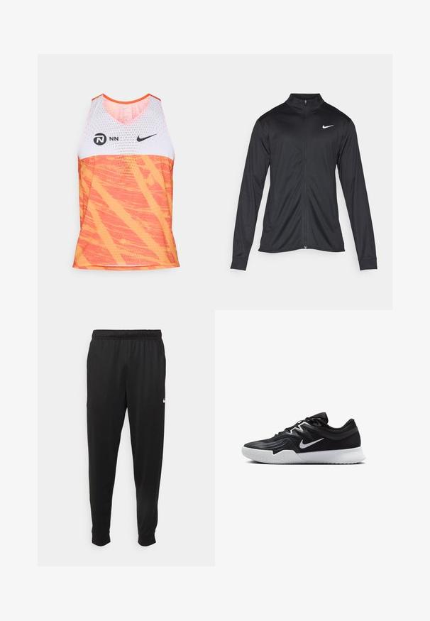 Svart idrottsjacka med långa ärmar, krage och full dragkedja. Har en diskret Nike-logga i vitt på övre vänstra bröstet. Slät yta.; Nike sportstopp med vit mesh-övre del och en livlig orange nedre del med ett texturerat, abstrakt mönster.; Svarta träningsbyxor i slät tyg, med elastisk midja, avsmalnande ben och en liten vit logotyp på vänster sida.; Svarta träningsskor med en texturerad ovandel, vit Nike-logga och en vit gummisula. Har snörningsdesign och en dynamisk form.