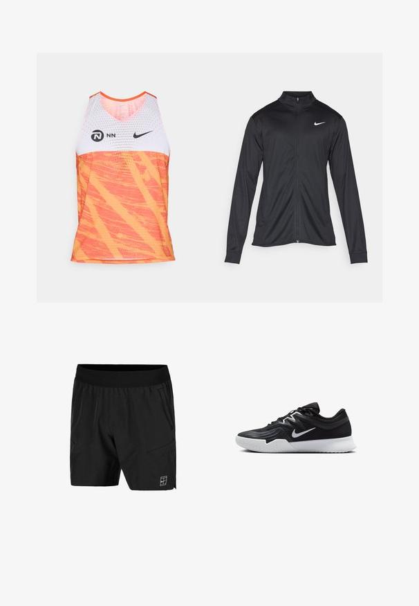 Schwarze Sportjacke mit langen Ärmeln, Kragen und voller Reißverschluss. Verfügt über ein dezentes Nike-Logo in Weiß auf der oberen linken Brust. Glatte Textur.; Nike Sport Tanktop mit einem oberen Abschnitt aus weißem Mesh und einem lebhaft orangefarbenen unteren Abschnitt mit einem strukturierten, abstrakten Muster.; Schwarze Shorts aus leichtem Stoff, mit einem elastischen Bund, seitlichen Taschen und einem weißen Logo auf der linken unteren Vorderseite.; Schwarzer Sportschuh mit strukturiertem Obermaterial, weißem Nike-Warenzeichen und einer weißen Gummisohle. Verfügt über ein Schnürdesign und eine dynamische Form.