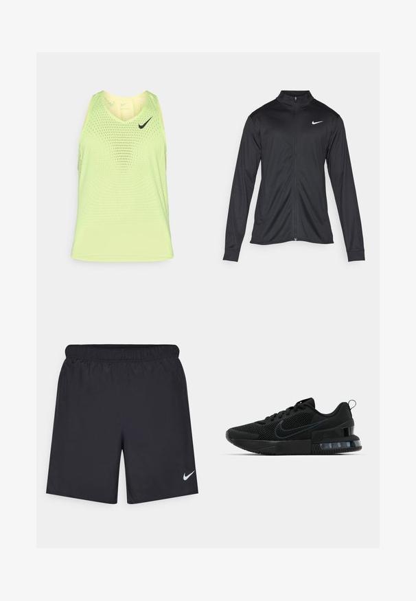 Jachetă sportivă neagră cu mâneci lungi, guler și fermoar complet. Prezintă un logo Nike subtil, alb, pe pieptul din stânga sus. Textură netedă.; Top verde deschis fără mâneci cu design în formă de V, având textură perforată și un logo Nike negru pe piept.; Pantaloni scurți atletici negri, fabricați dintr-un material ușor, cu un talie elastică. Au un mic logo alb Nike în partea stângă jos.; Pantofii atletici negri Nike au un superior din plasă, talpă din cauciuc, guler căptușit și un accent distinct transparent în călcâi.