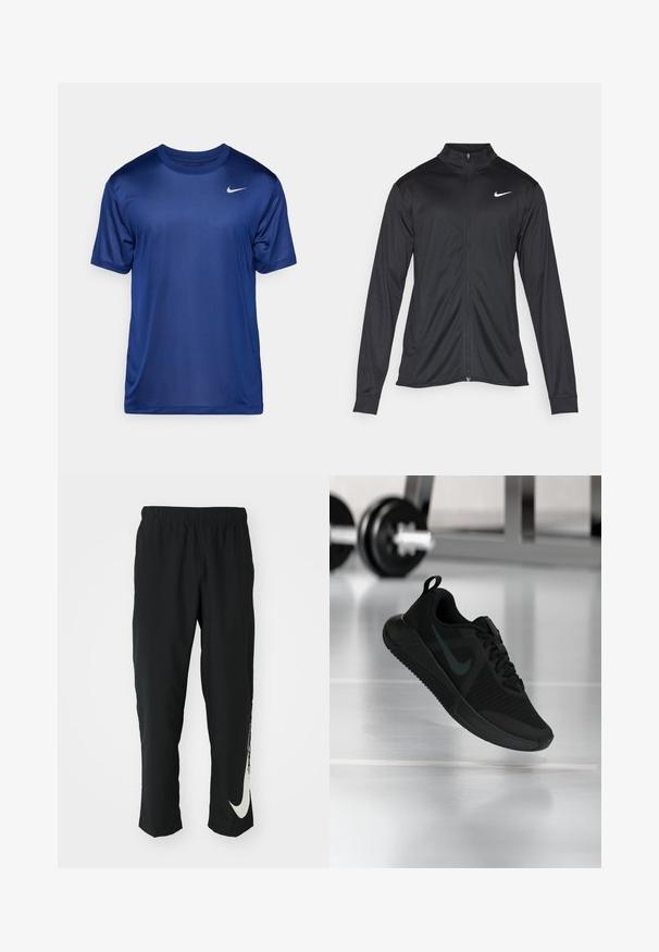 Black athletic jacket with long sleeves, collar, and full zipper. Features a subtle Nike logo in white on the upper left chest. Smooth texture.; Navy-blue athletic t-shirt, short sleeves, round neckline, made of smooth fabric with a small white Nike logo on the left chest.; Black athletic pants with elastic waistband, tapering design, featuring a large white Nike logo on the left leg. Soft, lightweight fabric.; Black athletic shoe with a textured mesh upper, rubber sole, and a prominent dark swoosh logo. Features a padded collar and lace-up design.