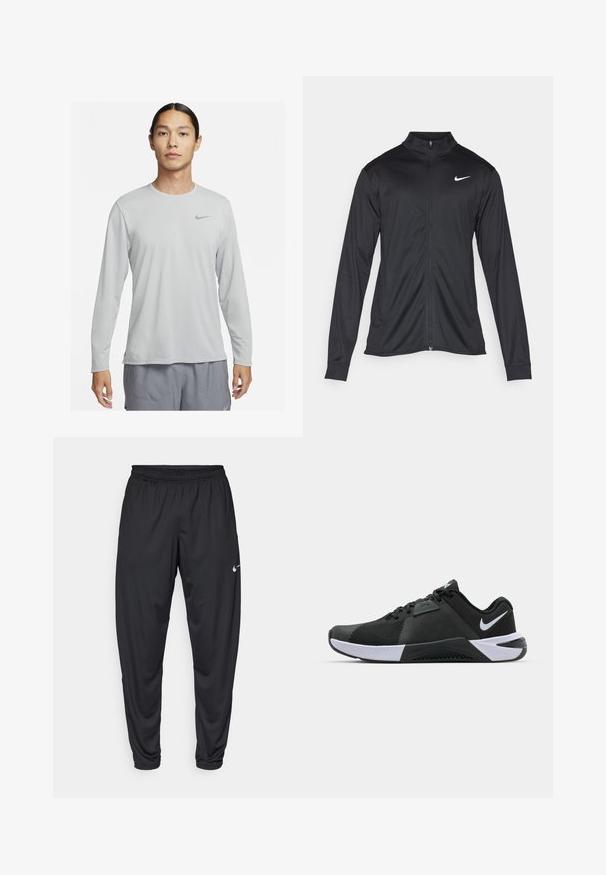 Musta urheilutakki pitkillä hihoilla, kauluksella ja kokonaisella vetoketjulla. Täydentää hienovarainen Nike-logo valkoisena vasemmassa ylärinnassa. Litteä pinta.; Vaaleanharmaa pitkähihaisella paidalla, joka on valmistettu sileästä ja kevyestä kankaasta. Paidassa on pieni musta Nike-logo vasemmassa ylärinnassa.; Mustat urheiluhousut, joissa on joustava vyötärö, kapenevat lahkeet ja pieni valkoinen Nike-logo vasemmassa reidessä. Tasainen kangas, ei kuvioita.; Nike Performance METCON 10 - Treenikenkä - black/white/anthracite