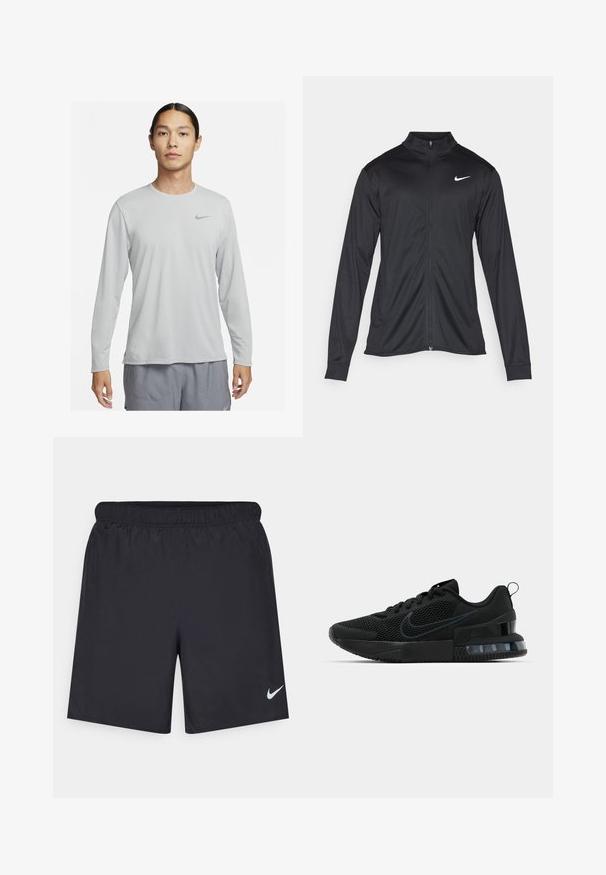 Chaqueta atlética negra con mangas largas, collar y cremallera completa. Presenta un sutil logo de Nike en blanco en la parte superior izquierda del pecho. Textura suave.; Camisa de manga larga gris claro hecha de una tela suave y ligera. Presenta un pequeño logo negro de Nike en la parte superior izquierda del pecho.; Pantalones cortos deportivos negros hechos de un material ligero con una cintura elástica. Presenta un pequeño logo blanco de Nike en la parte inferior izquierda.; Zapatillas Nike negras con parte superior de malla, suela texturizada y unidad de aire visible en el talón. Acentos y logotipo en un tono de negro más oscuro.