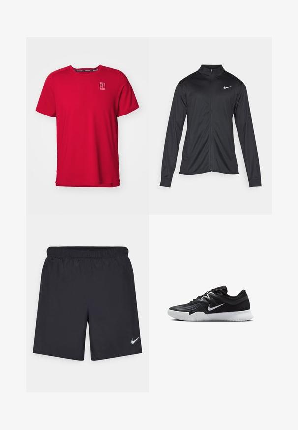 Must värvi sportlik jakk pikkade varrukatega, krae ja täispikk tõmblukk. Ülemises vasakus rinnas on diskreetne valge Nike logo. Sile tekstuur.; Punane lühikeste varrukatega T-särk, mis on valmistatud tekstuursemast kangast. Sedanopühi vasakul rinnal on valge logo ning kontrastne must kaelus.; Mustad mustikud lühikesed püksid, mis on valmistatud kergest materjalist ja millel on elastne vöökoht. Alumisel vasakul küljel on väike valge Nike logo.; Must mustad jalanikesad rikaste ülaservaga, valge Nike swoosh'i ja valge kummist välispõhjaga. Omab paeltega sulgemisdetaili ja dünaamilist kuju.