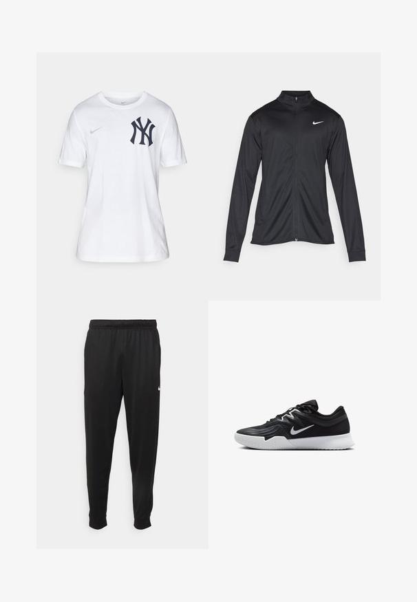 Black athletic jacket with long sleeves, collar, and full zipper. Features a subtle Nike logo in white on the upper left chest. Smooth texture.; White cotton t-shirt featuring a navy blue New York Yankees logo on the left chest and a small gray Nike swoosh on the right sleeve.; Black athletic pants made of smooth fabric, featuring an elastic waistband, tapered legs, and a small white logo on the left side.; Black athletic shoe with a textured upper, white Nike swoosh, and a white rubber outsole. Features a lace-up design and dynamic shape.