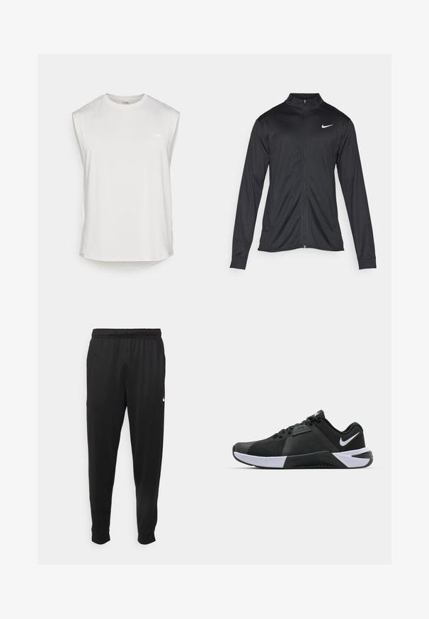 Chaqueta atlética negra con mangas largas, collar y cremallera completa. Presenta un sutil logo de Nike en blanco en la parte superior izquierda del pecho. Textura suave.; Camiseta deportiva sin mangas blanca con cuello redondo, fabricada con un tejido ligero, textura sutil y un pequeño logo en la parte izquierda del pecho.; Pantalones deportivos negros de tejido suave, con cintura elástica, perneras ajustadas y un pequeño logotipo blanco en el lado izquierdo.; Nike Performance METCON 10 - Zapatillas de entrenamiento - black/white/anthracite