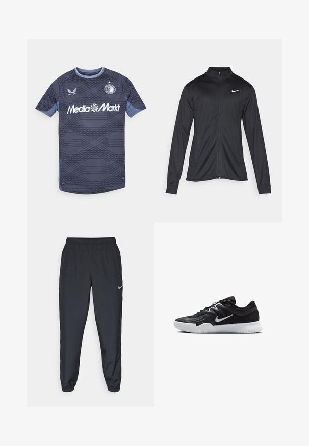 Jacket desportivo preto com mangas longas, colarinho e fecho zip completo. Apresenta um discreto logotipo da Nike em branco na parte superior do lado esquerdo do peito. Textura suave.; Camisa de futebol azul escura com mangas curtas, apresentando um padrão geométrico, gola redonda e logotipo "Media Markt" na frente.; Calças de treino pretas feitas de um tecido leve, com um cós elástico, punhos nos tornozelos e um discreto logótipo da Nike no lado esquerdo.; Sapatilha atlética preta com um cabedal texturizado, swoosh branco da Nike e uma sola de borracha branca. Apresenta um design com atacadores e uma forma dinâmica.