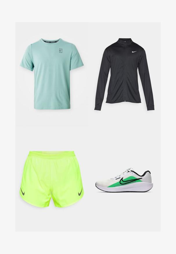 Jacket desportivo preto com mangas longas, colarinho e fecho zip completo. Apresenta um discreto logotipo da Nike em branco na parte superior do lado esquerdo do peito. Textura suave.; T-shirt atlético de manga curta verde-claro com gola redonda, apresentando uma textura subtil e um pequeno logótipo da Nike em preto no peito.; Calções atléticos amarelo neon feitos de material leve, com uma cintura em malha e um logo da Nike preto na perna esquerda.; Shoe desportivo branco com um destaque verde, logótipo preto, parte superior em malha, sola almofadada e um salto arredondado. Apresenta atacadores e detalhes em contraste.