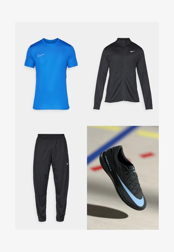 Svart idrettsjakke med lange ermer, krage og full glidelås. Har en subtil Nike-logo i hvitt på øvre venstre bryst. Glatt tekstur.; Blå trenings T-skjorte laget av lett stoff med korte ermer, rund hals og hvit Nike-logo på brystet. Glatt tekstur.; Svarte treningbukser med elastisk midje, avsmalnende ben og en liten hvit Nike-logo på venstre lår. Glatt stoff, ingen mønstre.; Svart treningstøvel med blå detaljer, teksturert overflate, snøring og særegen Nike-logo. Gummisåle med grep mønstre.