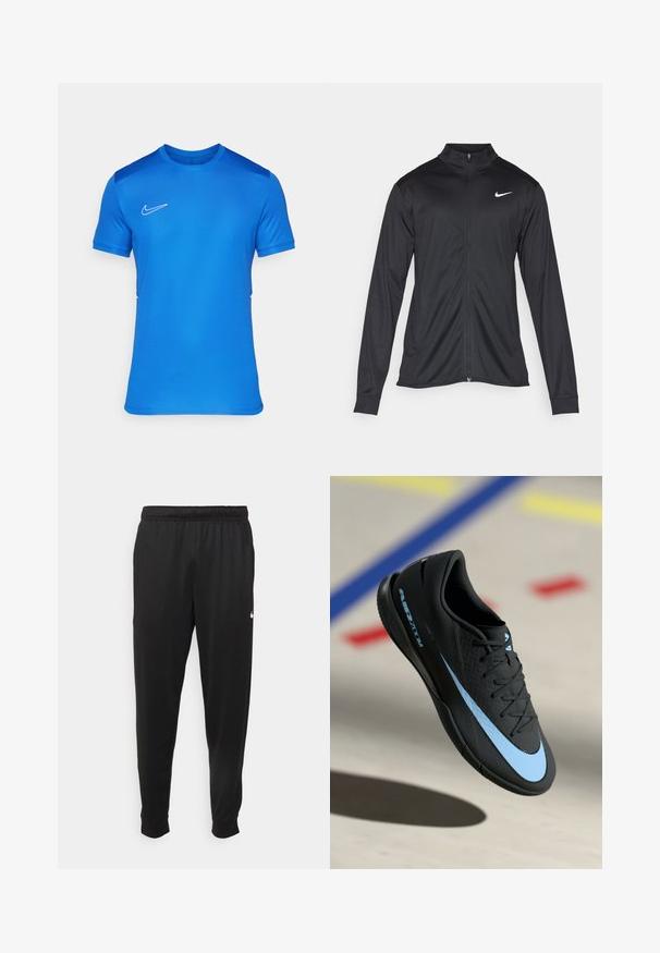 Musta urheilutakki pitkillä hihoilla, kauluksella ja kokonaisella vetoketjulla. Täydentää hienovarainen Nike-logo valkoisena vasemmassa ylärinnassa. Litteä pinta.; Sininen urheilupaita kevyestä kankaasta, jossa on lyhyet hihat, pyöreä pääntie ja valkoinen Nike-logo rinnassa. Sileä pinta.; Mustat urheiluhousut, jotka on valmistettu sileästä kankaasta. Niissä on joustava vyötärö, kapenevat lahkeet ja pieni valkoinen logo vasemmalla puolella.; Mustat urheilukengät sinisillä yksityiskohdilla, teksturoitu pinta, nauhallinen muotoilu ja erottuva Nike-logo. Kumipohja, jossa on pitoprofiilit.