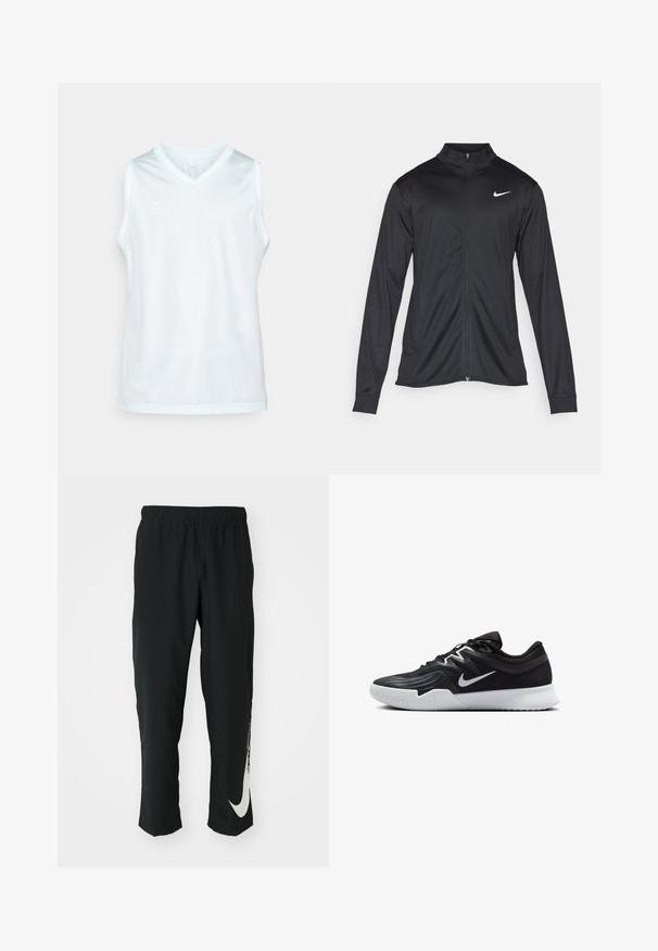 Black athletic jacket with long sleeves, collar, and full zipper. Features a subtle Nike logo in white on the upper left chest. Smooth texture.; Nike Performance DNA - Top - glacier blue/white; Black athletic pants with elastic waistband, tapering design, featuring a large white Nike logo on the left leg. Soft, lightweight fabric.; Black athletic shoe with a textured upper, white Nike swoosh, and a white rubber outsole. Features a lace-up design and dynamic shape.