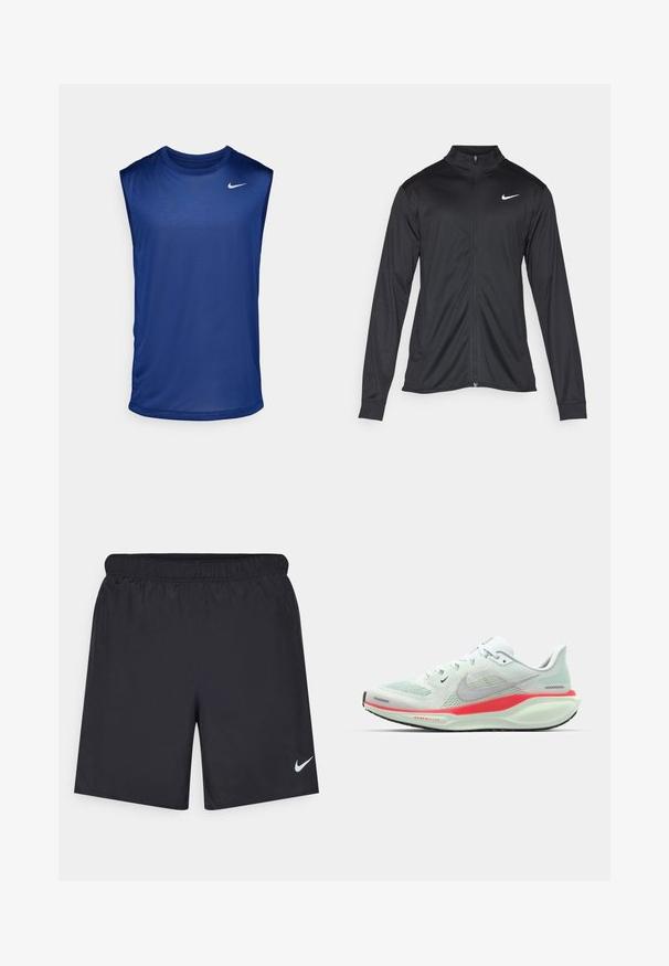 Μαύρο αθλητικό μπουφάν με μακριά μανίκια, γιακά και πλήρη φερμουάρ. Διαθέτει ένα διακριτικό λευκό λογότυπο της Nike στη πάνω αριστερή πλευρά του στήθους. Λείος υφασμάτινος χαρακτήρας.; Nike Performance TEE RESET - Μπλούζα - blue void/matte silver; Μαύρες αθλητικές βερμούδες από ελαφρύ υλικό με ελαστική μέση. Διαθέτουν ένα μικρό λευκό λογότυπο Nike στην κάτω αριστερή πλευρά.; Ανοιχτό πράσινο αθλητικό παπούτσι Nike με δικτυωτό επάνω μέρος, που διαθέτει σόλα σε ροζ και λευκό χρώμα, προβάλλοντας έναν κομψό, μοντέρνο σχεδιασμό.
