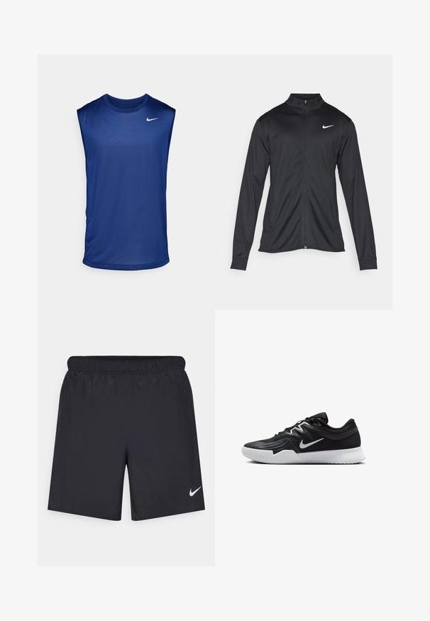 Čierna športová bunda s dlhými rukávmi, golierom a plným zipsom. Obsahuje nenápadné logo Nike v bielej farbe na hornej ľavej hrudi. Hladká textúra.; Nike Performance TEE RESET - Top - blue void/matte silver; Čierne atletické šortky z ľahkého materiálu s elastickým pásom. Na dolnej ľavej strane majú malé biele logo Nike.; Čierna športová topánka s textúrovaným zvrškom, bielym logom Nike a bielou gumovou podrážkou. Má šnurovací dizajn a dynamický tvar.