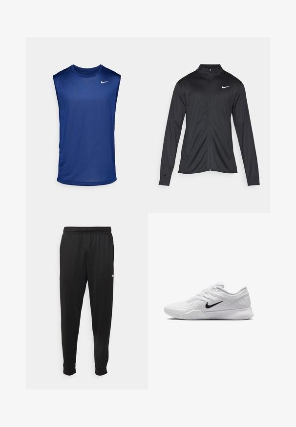 Črna atletska jakna z dolgimi rokavi, ovratnikom in polnim zadrgo. Vključuje diskreten bel Nike logotip na zgornjem levem delu prsnega koša. Gladka tekstura.; Nike Performance TEE RESET - Top - blue void/matte silver; Črne športne hlače iz gladkega materiala, z elastičnim pasom, zoženimi hlačnicami in majhnim belim logotipom na levi strani.; Bela športna čeveljca z teksturiranim mrežastim zgornjim delom, črn Nike znak, oblazinjen ovratnik in gumijast podplat s profilom.