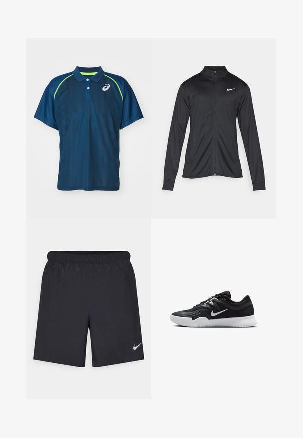 Juodas sportinis švarkas su ilgomis rankovėmis, apykakle ir pilnu užtrauktuku. Yra subtilus baltas Nike logotipas kairėje krūtinės pusėje. Lygus tekstūra.; Tamsiai mėlynas polo marškinėlis su trumpomis rankovėmis, kontrastingais lime žalios spalvos akcentais, trijų mygtukų apykakle ir struktūruotu oru pralaidžiu dizainu.; Juodos sportinės šortai, pagaminti iš lengvos medžiagos, su elastingu juosmeniu. Ant apatinės kairės pusės yra mažas baltas Nike logotipas.; Juodos sportinės bateliai su tekstūruota viršutine dalimi, balta Nike swoosh ir balta gumine išorine dalimi. Yra su raištelių užsegimo dizainu ir dinamine forma.